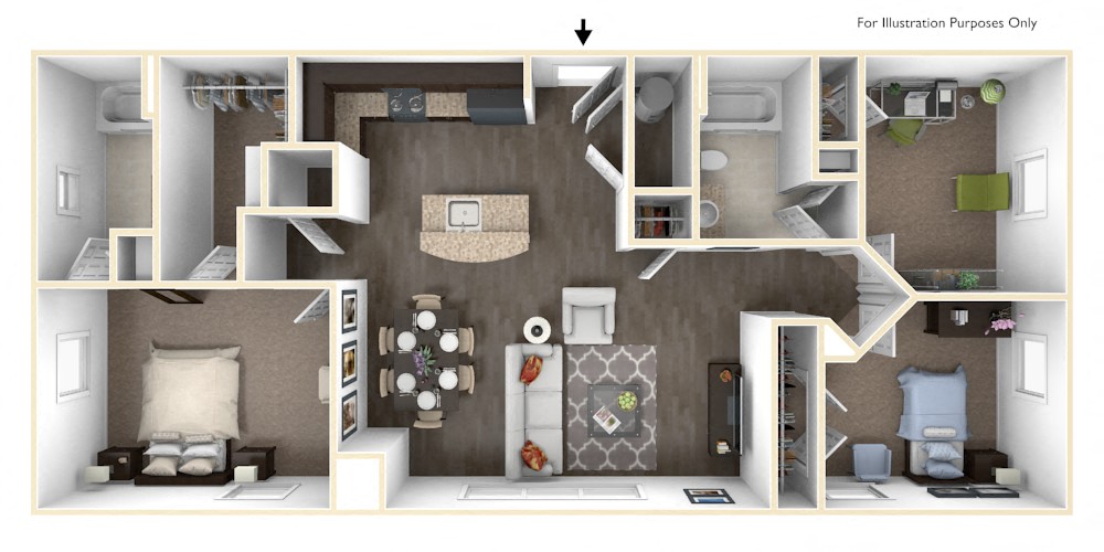 Floor plan for 3 beds, 2 baths, 1100 sqft